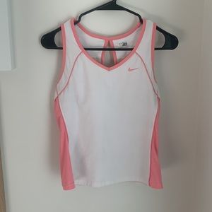 Nike tank top key hole back large L pink white mesh panels shelf bra EUC